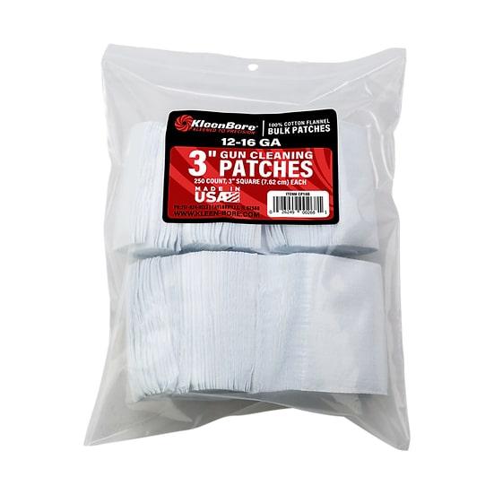 KleenBore 3 Inch Square Bore Patches 12-16 Ga. 250/pk Cotton Flannel