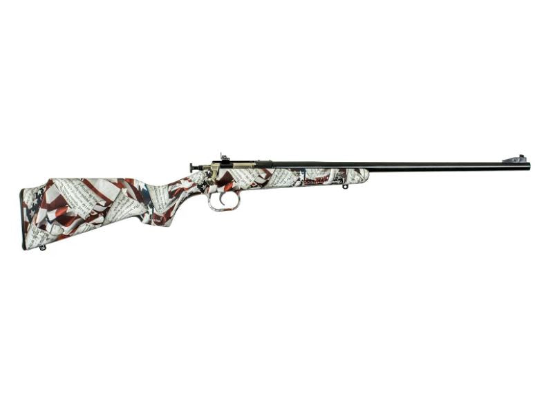 Crickett KSA2168 Youth .22 LR Rifle - Blued Barrel & Receiver, Fixed Front/Adjustable Rear Peep Sight, American Flag/Amendment Stock, 11.5" LOP