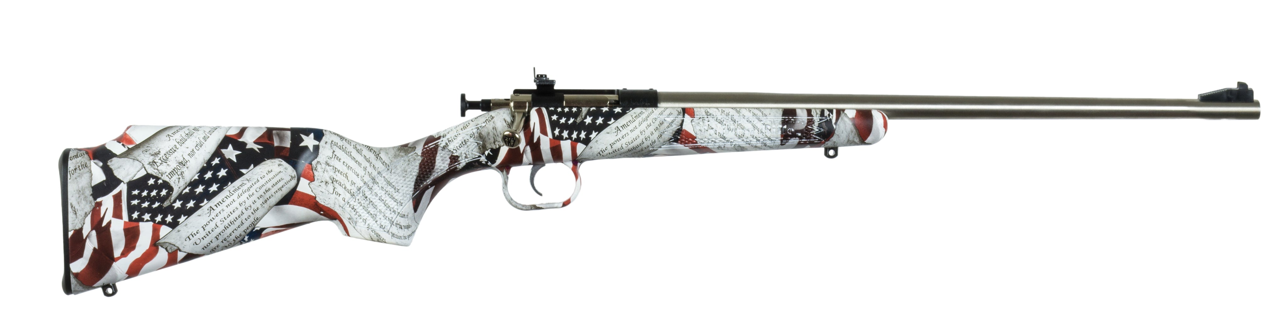 Crickett KSA3168 Youth 22 LR 1rd 16.12" Stainless Steel Barrel, Fixed Front/Adjustable Rear Peep Sights, American Flag/Amendment Synthetic Stock w/11.5" LOP, Rebounding Firing Pin Safety