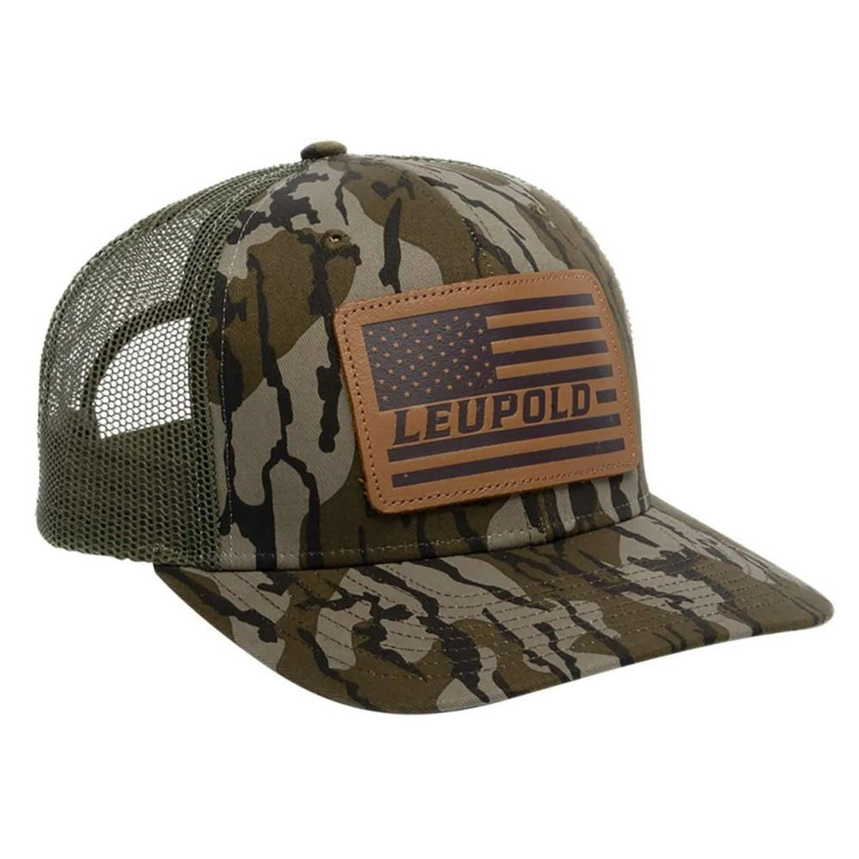 Leupold Leather Patch Trucker Hat Mossy Oak Bottomland Camo Green Snapback