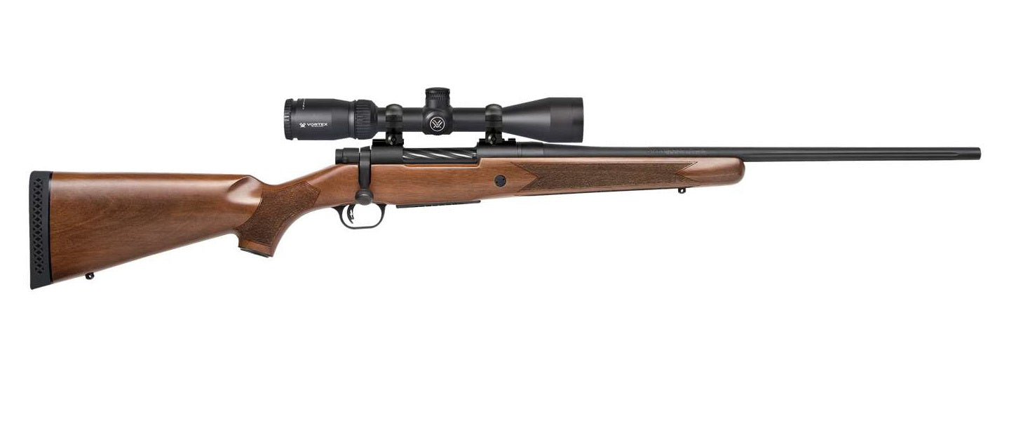 Mossberg 28057 Patriot 22-250 Rem Rifle - 22" Fluted Barrel, Matte Blued Finish, Walnut Stock, Right Hand, w/ Vortex Crossfire II 3-9x40mm Scope