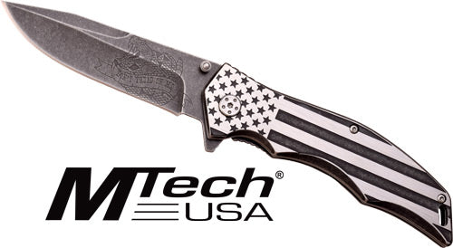 MTech 3.75" Drop Point Folder, Black/White Flag Pattern, SS Blade