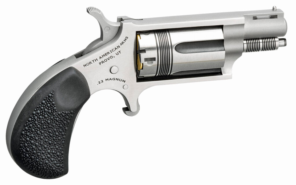 North American Arms 22MSTW Wasp Snub Nose 22 WMR 5 Shot 1.13" Stainless Steel Vent Rib Barrel, Stainless Steel Frame & Cylinder, Black Pebbled Rubber Grip, Exposed Hammer