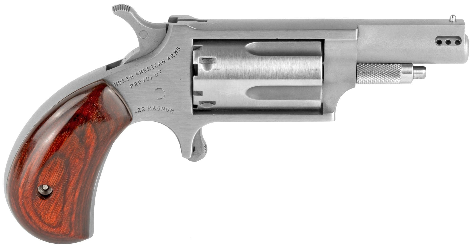North American Arms 22MP Mini-Revolver 22 WMR 5 Shot 1.63" Stainless Steel Ported Barrel, Stainless Steel Frame & Cylinder, Rosewood Birdshead Grip, Exposed Hammer