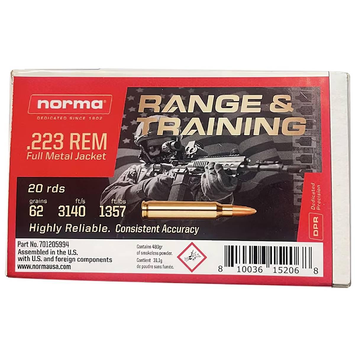 Norma .223 Remington Rifle Ammo Range & Training Full Metal Jacket FMJ 62 grain 