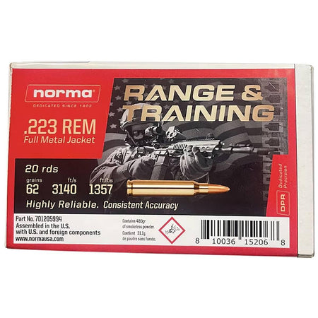 Norma .223 Remington Rifle Ammo Range & Training Full Metal Jacket FMJ 62 grain 
