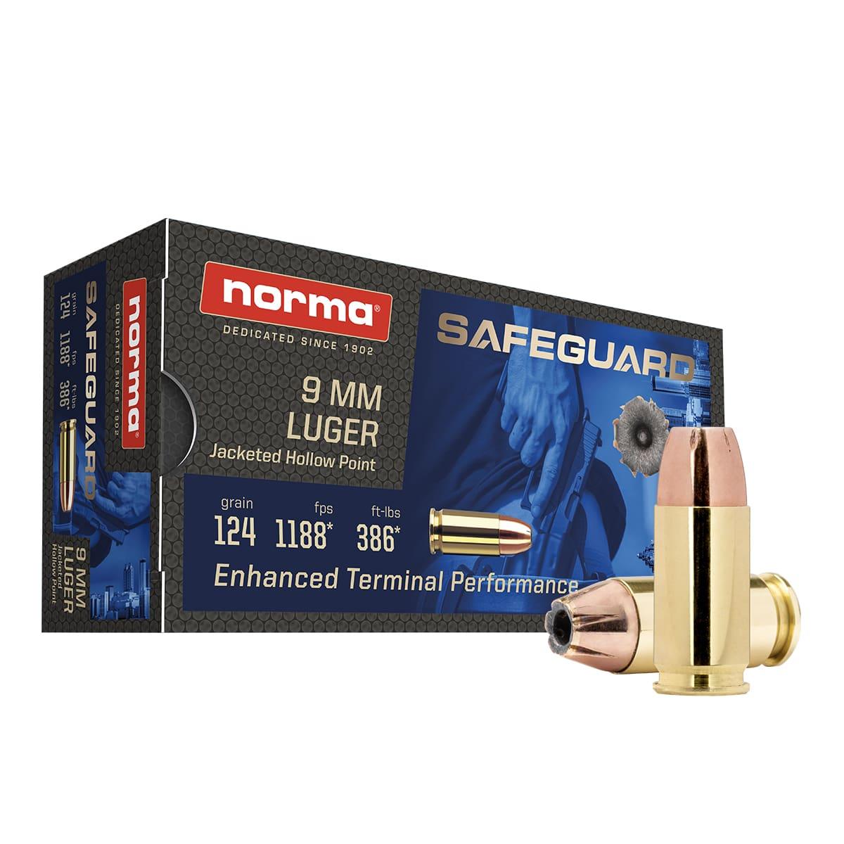 Norma 9mm Luger / Parabellum Handgun Ammo Safeguard Jacketed Hollow Point JHP 124 grain 