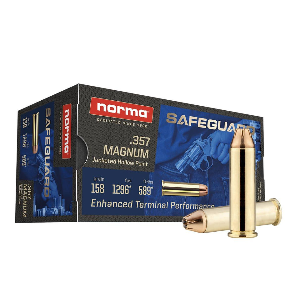 Norma .357 Magnum Handgun Ammo Safeguard Jacketed Hollow Point JHP 158 grain 