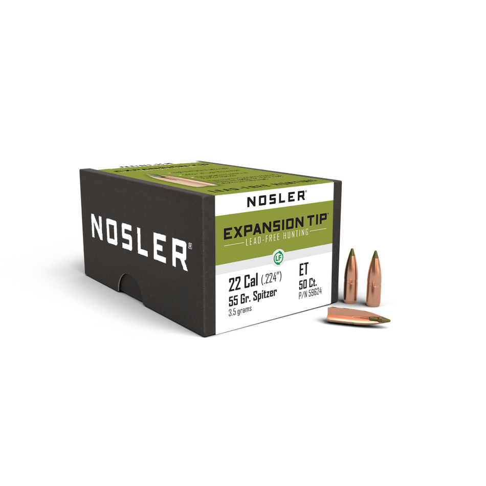 Nosler E-Tip Lead Free .22 Cal .224" 55gr SPTZ Rifle Bullets - 50ct