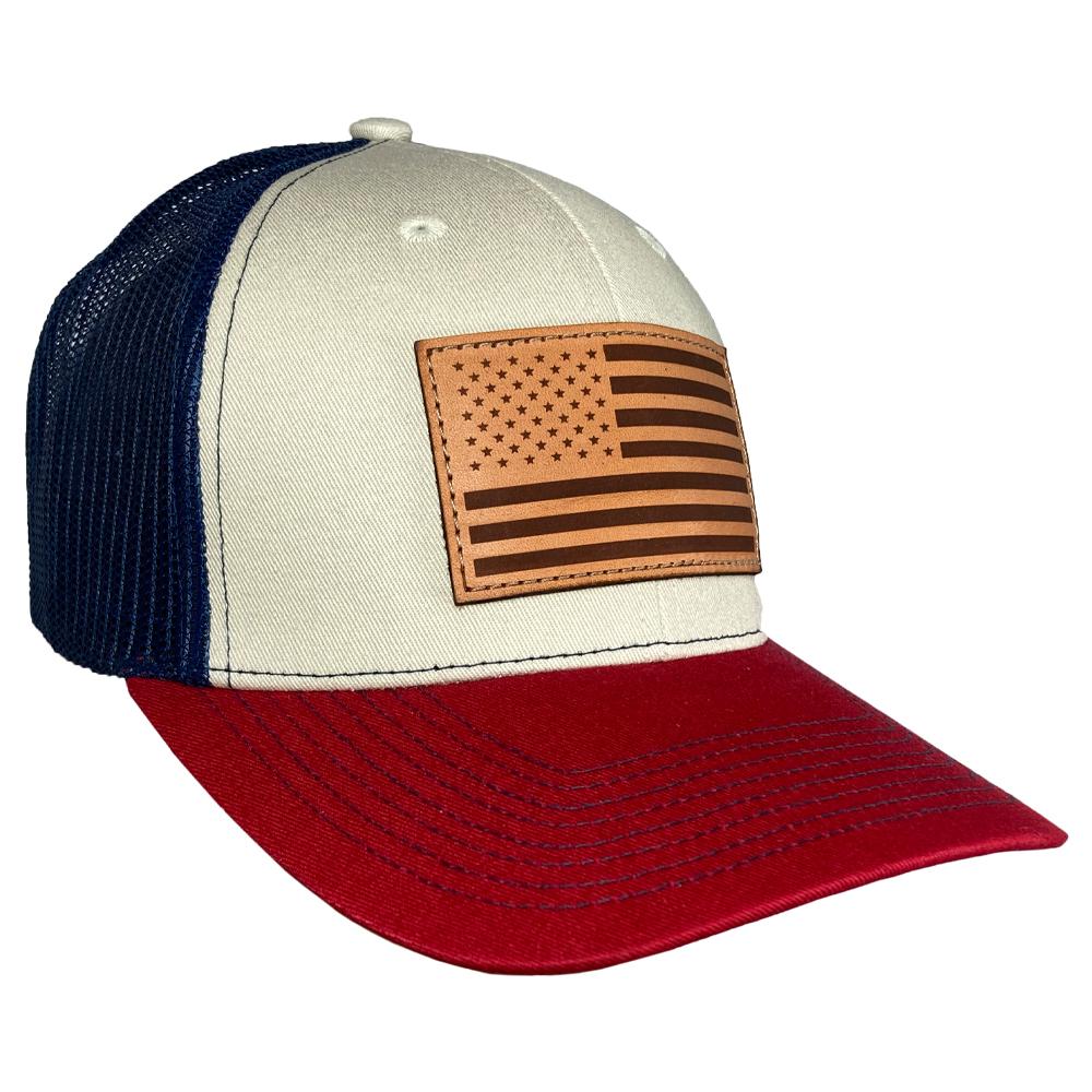 Outdoor Cap USA Flag Leather Patch Trucker Cap Stone Navy Cardinal