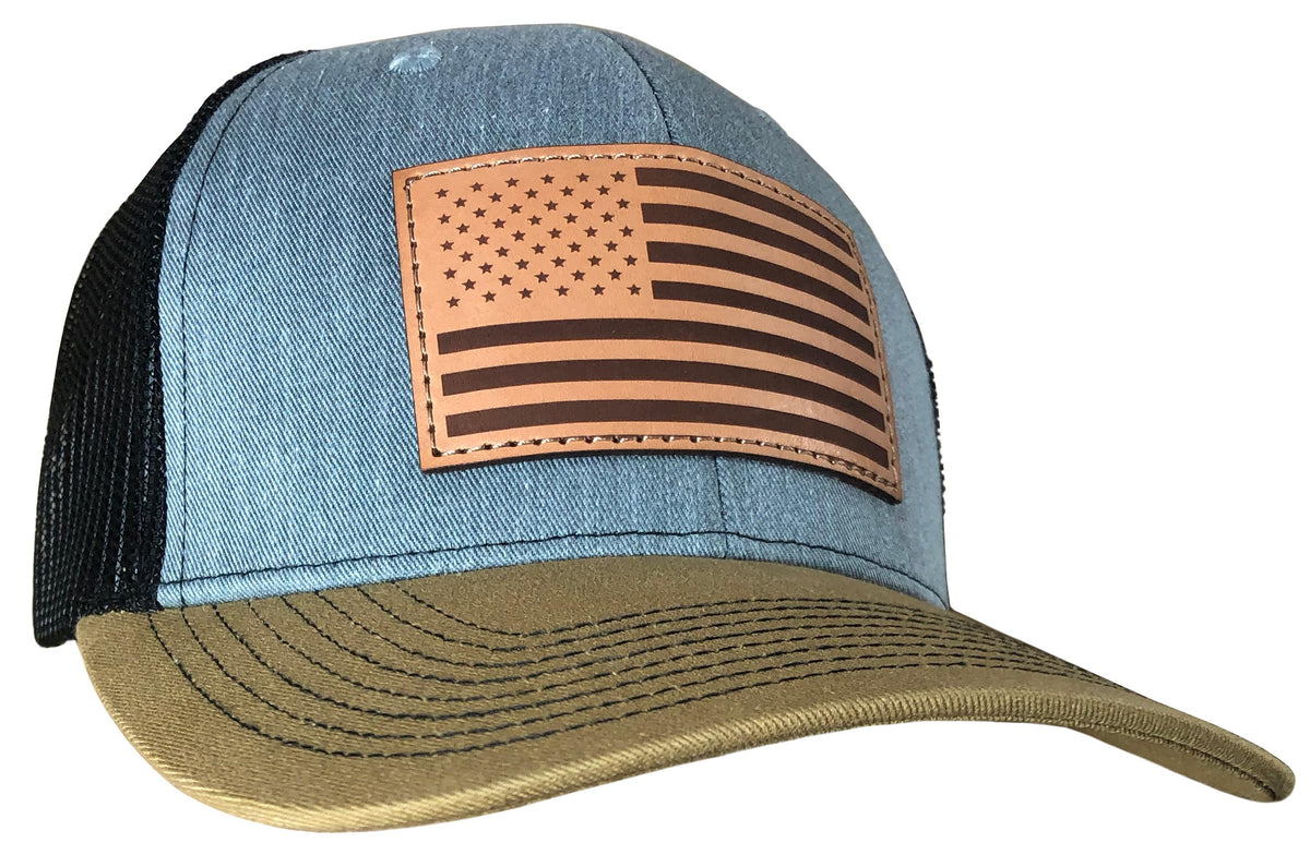 Outdoor Cap USA Flag Leather Patch Trucker Cap Heathered Grey/Black/Old Gold