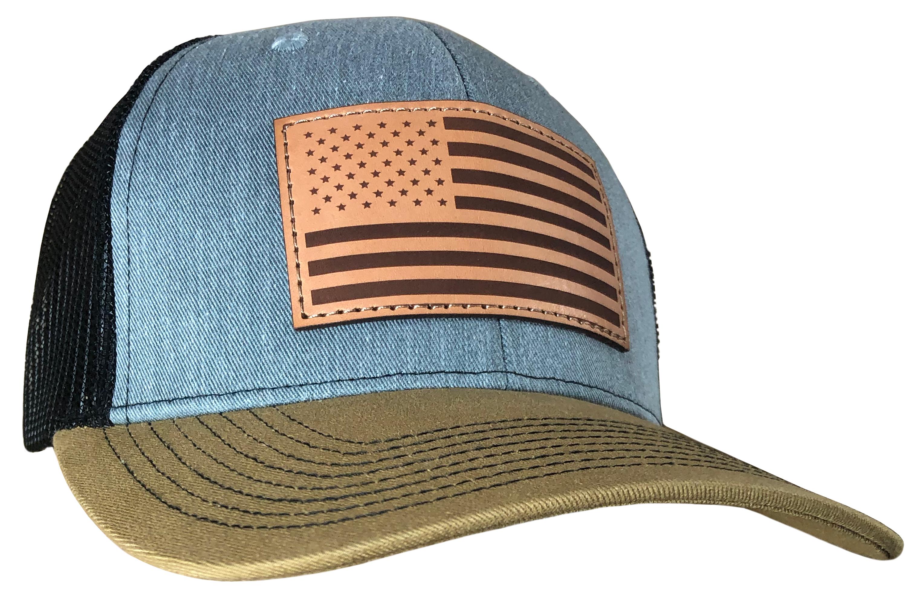 Outdoor Cap USA Flag Leather Patch Trucker Cap Heathered Grey/Black/Old Gold