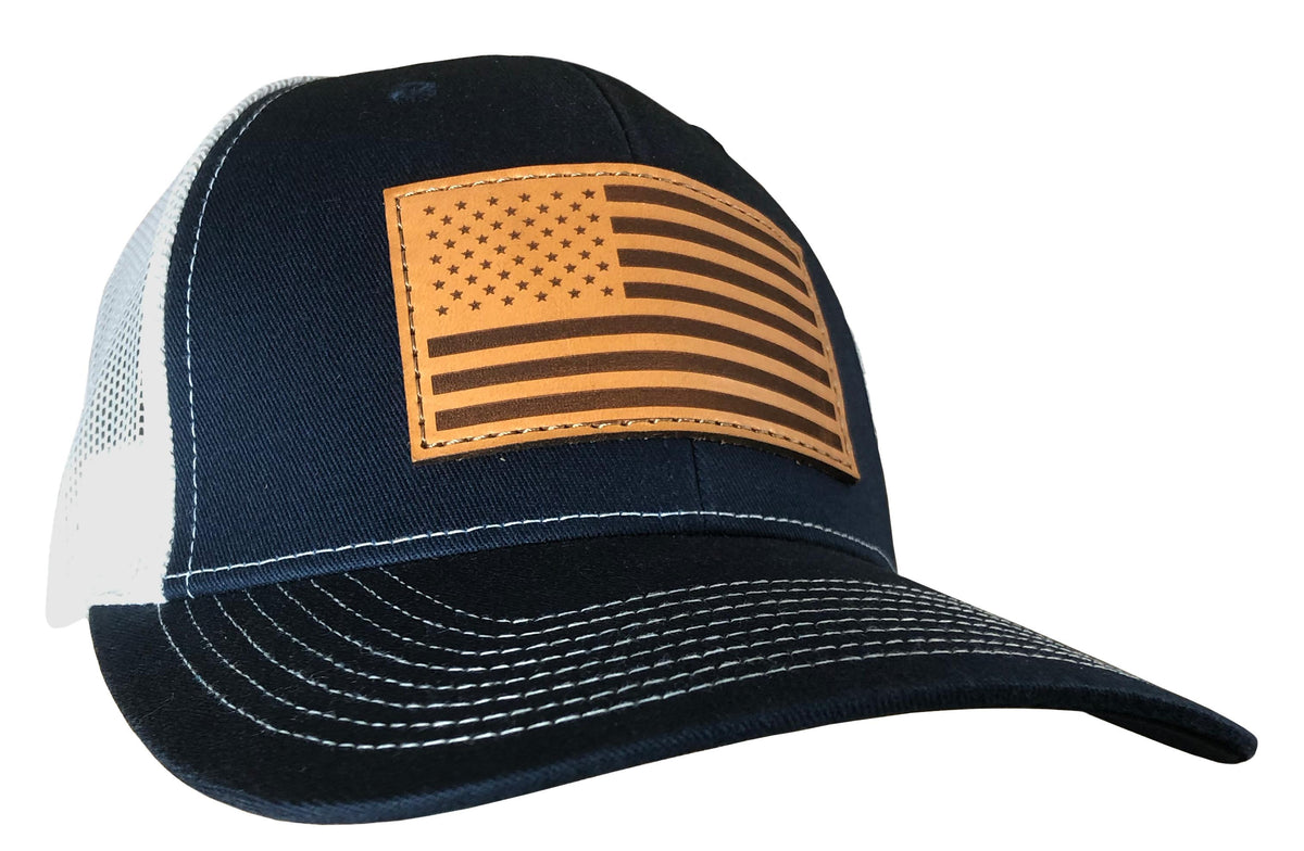 Outdoor Cap USA Flag Leather Patch Trucker Cap Navy/White