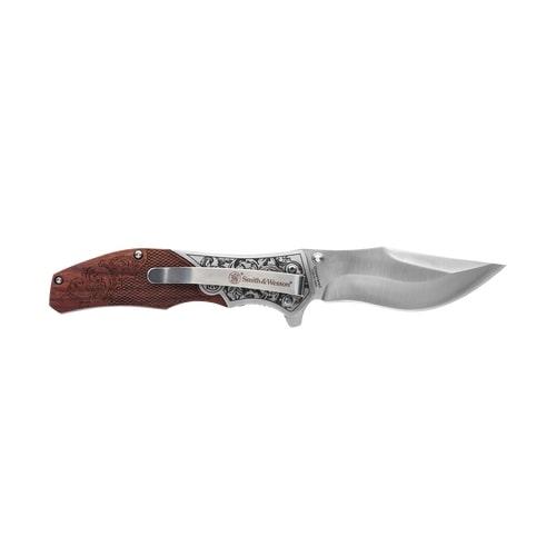 Smith & Wesson Unwavered Folding Knife 3.25" Clip Point Blade Engraved Wood