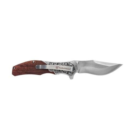 Smith & Wesson Unwavered Folding Knife 3.25" Clip Point Blade Engraved Wood