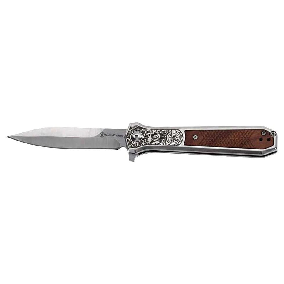 S&W KT Unwavered Spring Assisted Folding Dagger Knife 3-1/5" Silver Blade with Brown Box