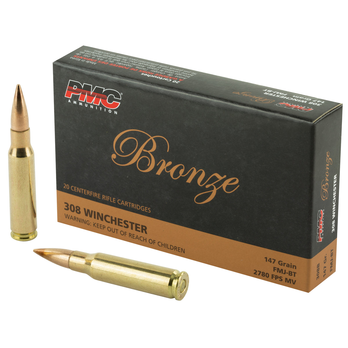 PMC .308 Win / 7.62x51mm 308B Bronze Full Metal Jacket Boat Tail FMJBT 147 Grain