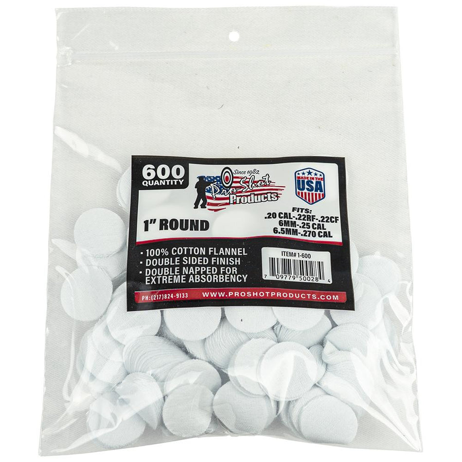 Pro-Shot 600 ct 1" Round Cotton Flannel Gun Cleaning Patches .22-.270 Cal