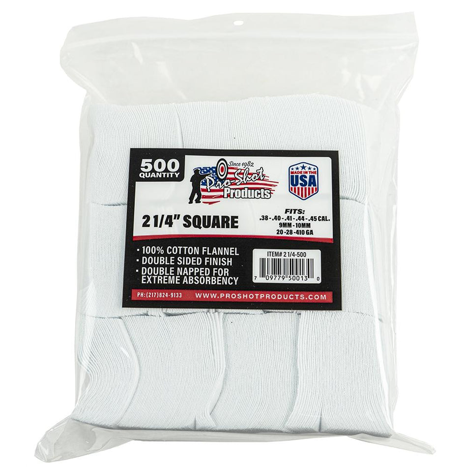 Pro-Shot 2.25" Square Cotton Flannel Cleaning Patches 500/ct .38-.45 Cal