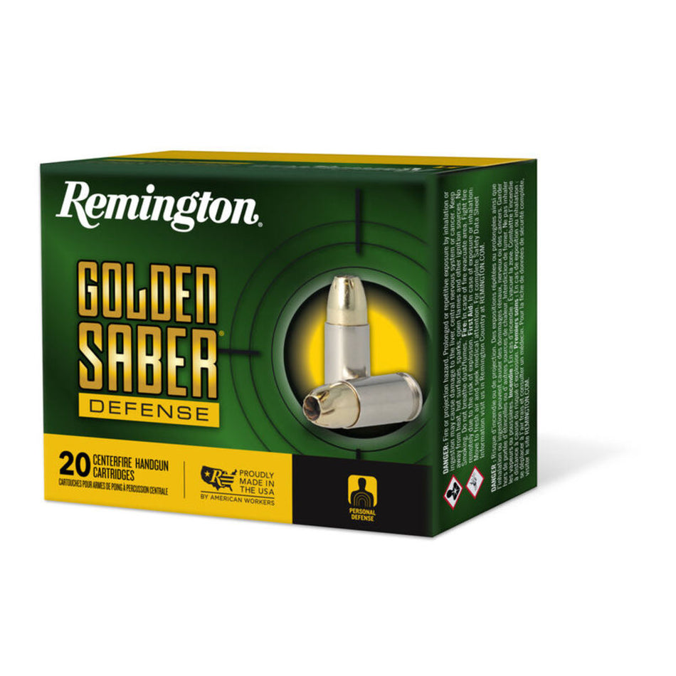 Remington 9mm Luger / Parabellum Handgun Ammo Golden Saber Defense +P Brass Jacket Hollow Point JHP 124 grain 