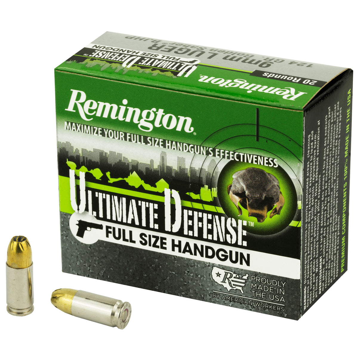 Remington 9mm Luger / Parabellum Handgun Ammo Ultimate Defense Full-Size Brass Jacketed Hollow Point JHP 124 grain 