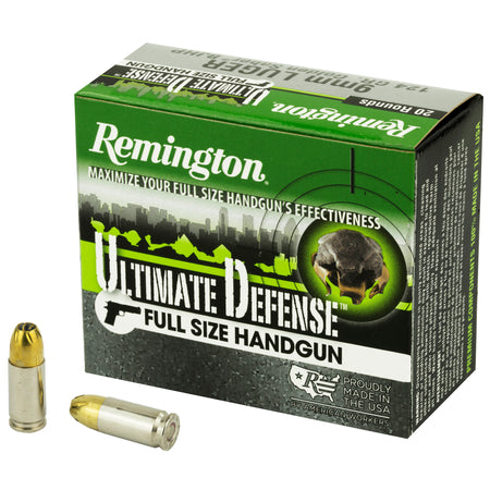 Remington 9mm Luger / Parabellum Handgun Ammo Ultimate Defense Full-Size Brass Jacketed Hollow Point JHP 124 grain 