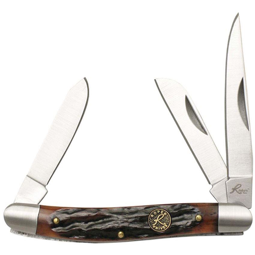Roper Knives Chaparral Stockman 3 Blade Pocket Knife Brown Jigged Bone Handle