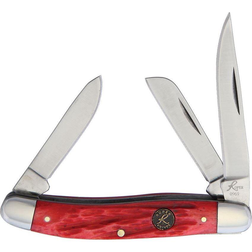 Roper Knives Chaparral Stockman 3 Blade Pocket Knife Red Jigged Bone Handle