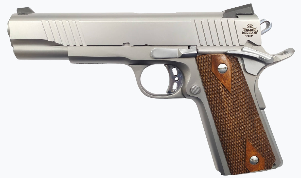 Rock Island 51414 Rock Standard FS *CA Compliant 45 ACP Caliber with 5" Barrel, 8+1 Capacity, Overall Matte Stainless Steel Finish, Beavertail Frame, Serrated Slide & Double Checkered Wood Grip