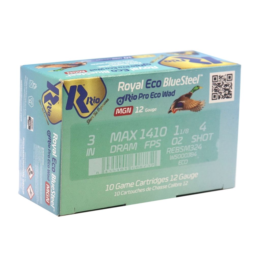 Rio Ammunition 12 Gauge Shotgun Shells Royal ECO BlueSteel Magnum #4 1-1/8 oz 3 in