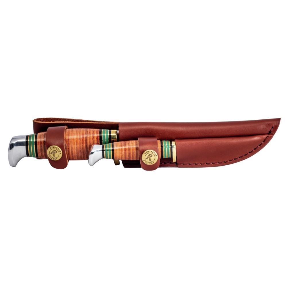 Remington Piggy Back Stacked Leather Handle Fixed Blade Knife Set - Brown Leather Sheath