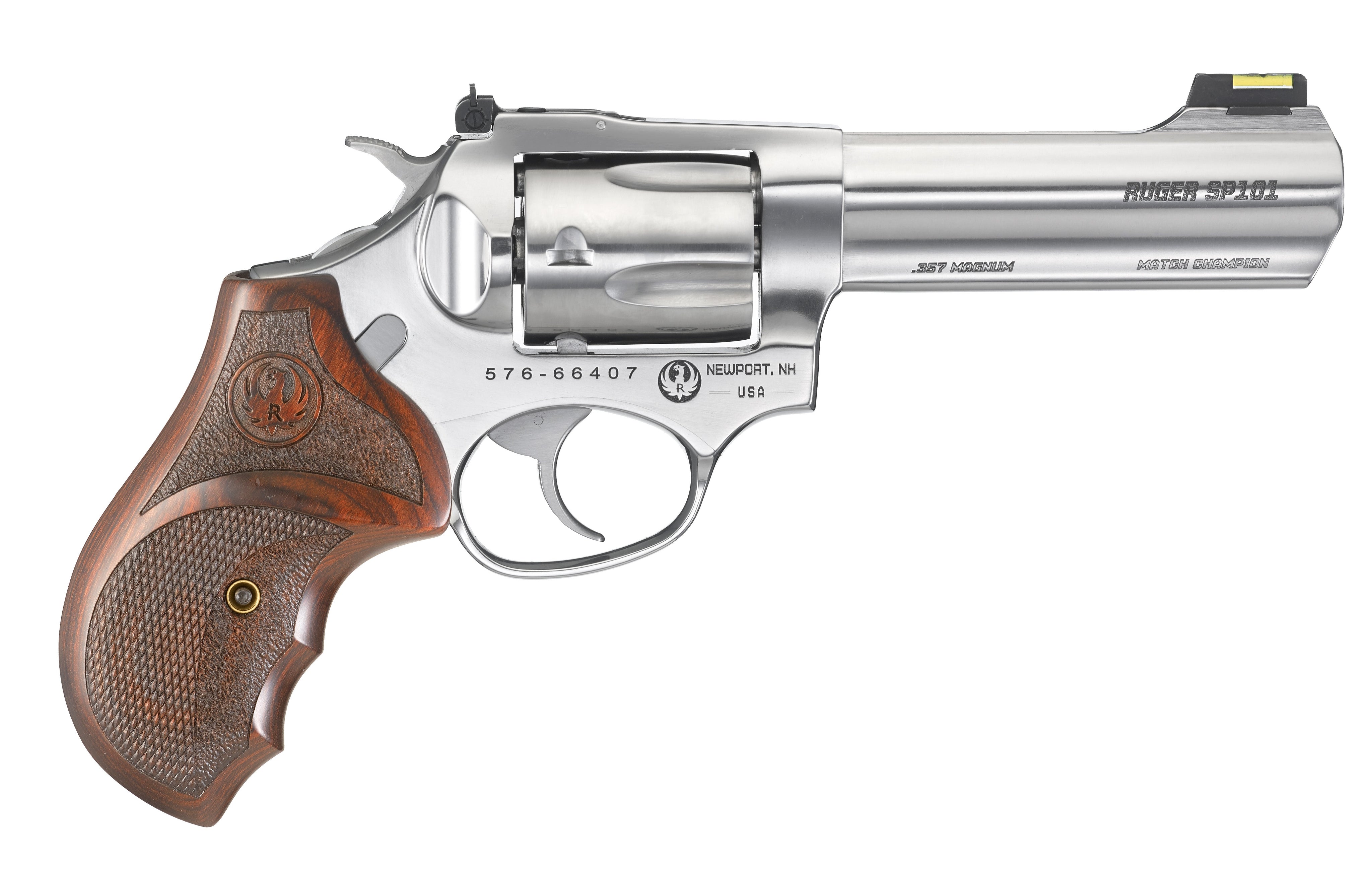 Ruger 5782 SP101 Match Champion 357 Mag 4.20" Barrel 5rd Triple-Locking Cylinder, Gloss Stainless Steel, Altamont Stippled/Checkered Hardwood Grip, Transfer Bar Safety