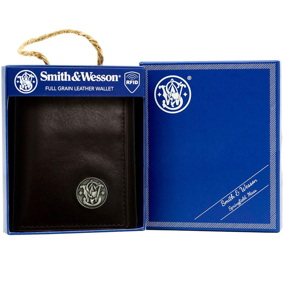 Smith & Wesson Genuine Leather Tri-Fold Wallet Brown with RFID Shield