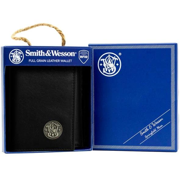 Smith & Wesson Leather Tri-Fold Wallet Black with Anti-RFID Lining by Cameleon