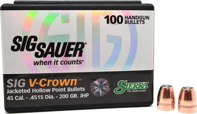 Sierra Sig V-Crown .4515 200gr JHP Reloading Bullets 100-Count