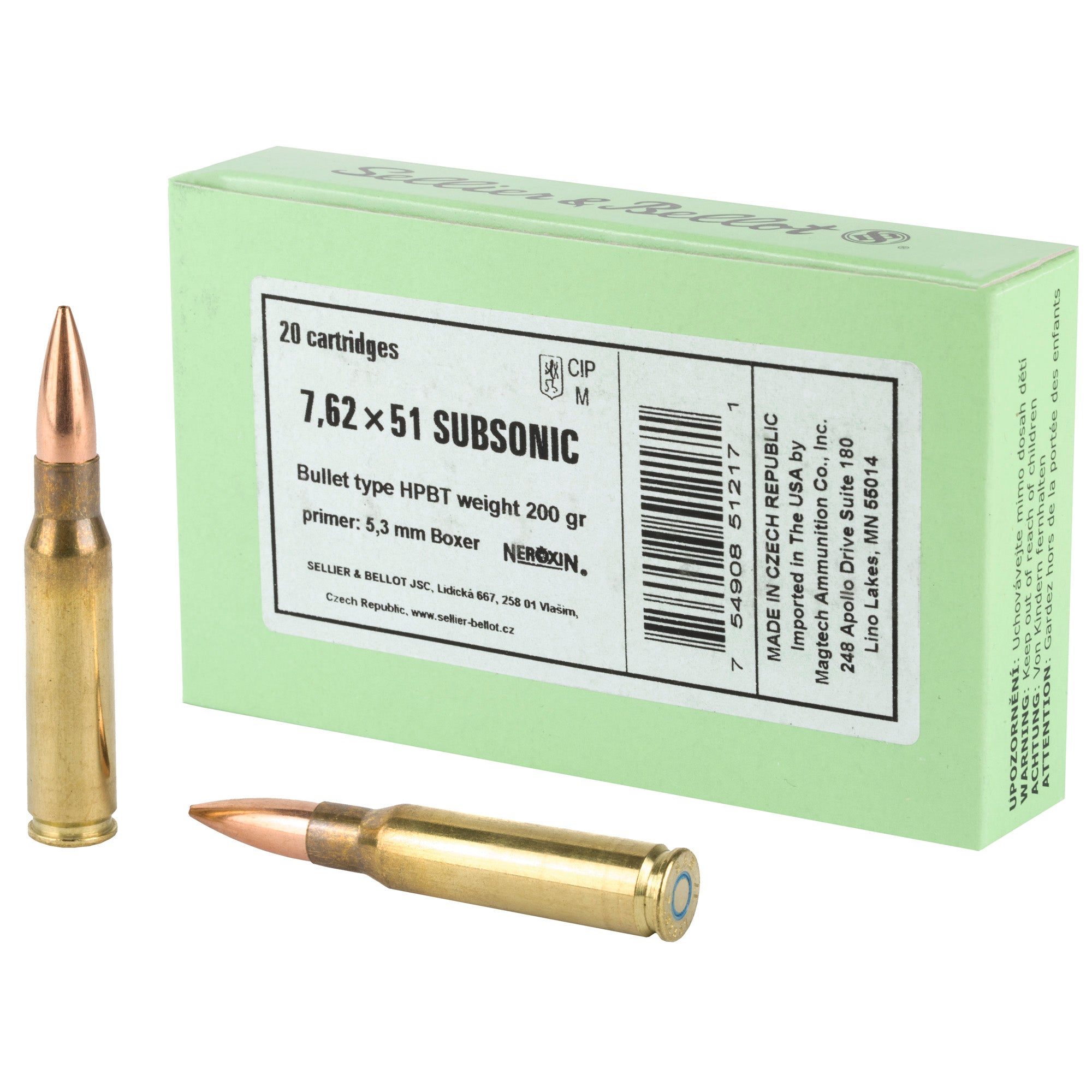 Sellier & Bellot (S&B) .308 Win / 7.62x51mm SB762SUBA Match Hollow Point Boat Tail Subsonic 200 Grain