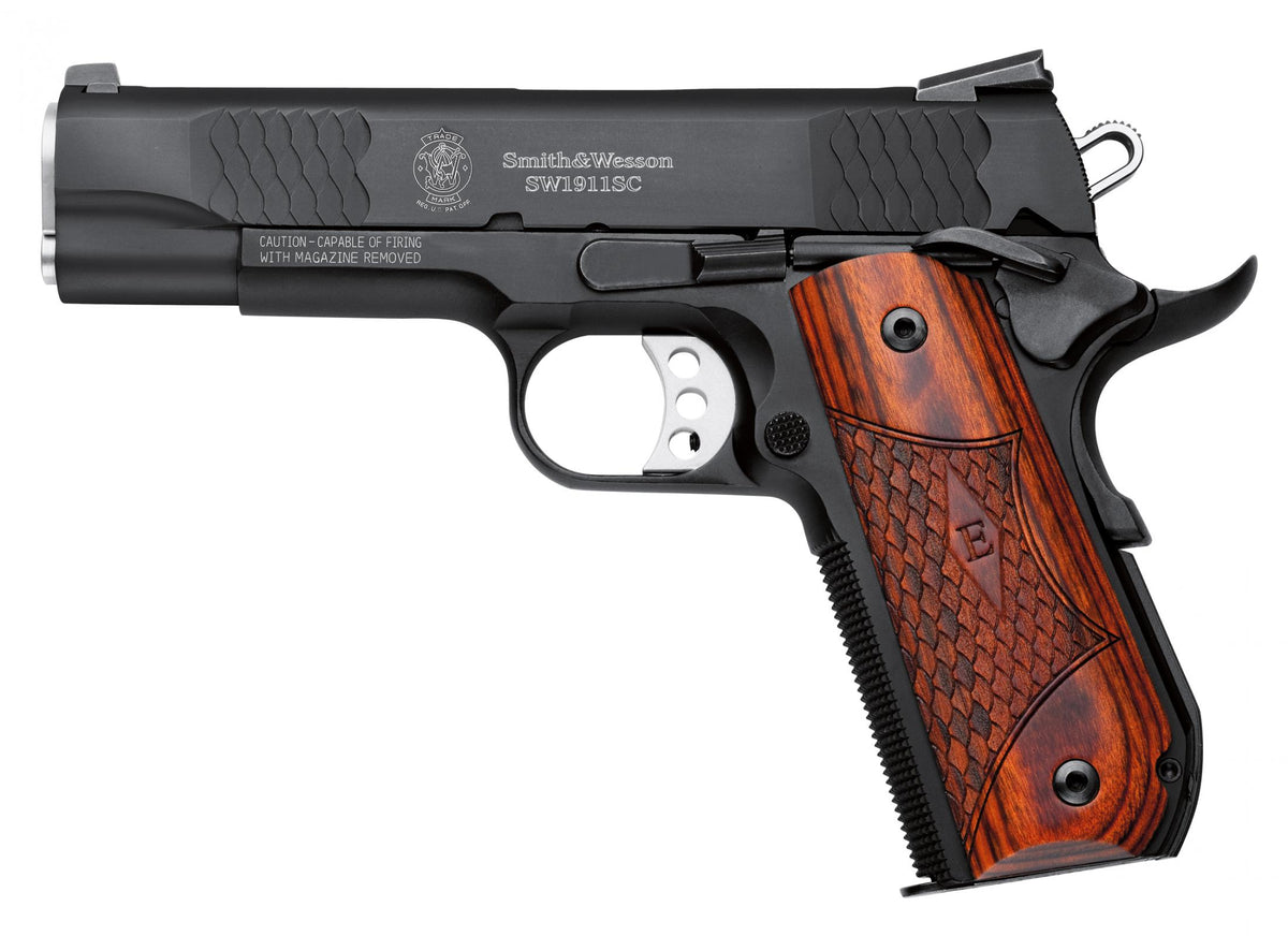 Smith & Wesson 108483 1911 E-Series 45 ACP 7+1/8+1, 4.25" Stainless Steel Barrel, Black Serrated Stainless Steel Slide, Black Aluminum Frame w/Beavertail, Round Butt Laminate Wood Grip