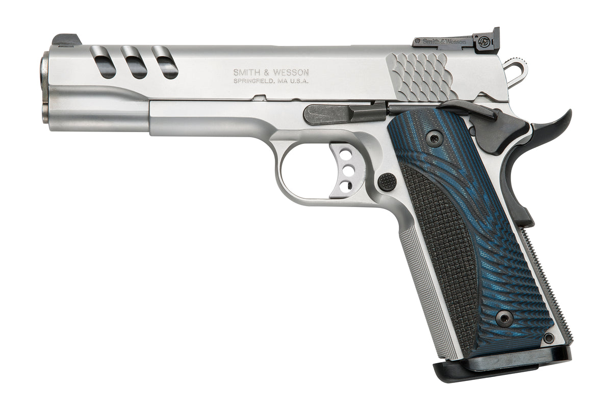 Smith & Wesson 170343 1911 Performance Center 45 ACP 5" Throated Barrel 8+1, Matte Stainless Steel Frame & Ported Slide, G10 Custom Wood Grip, Ambidextrous Manual Safety