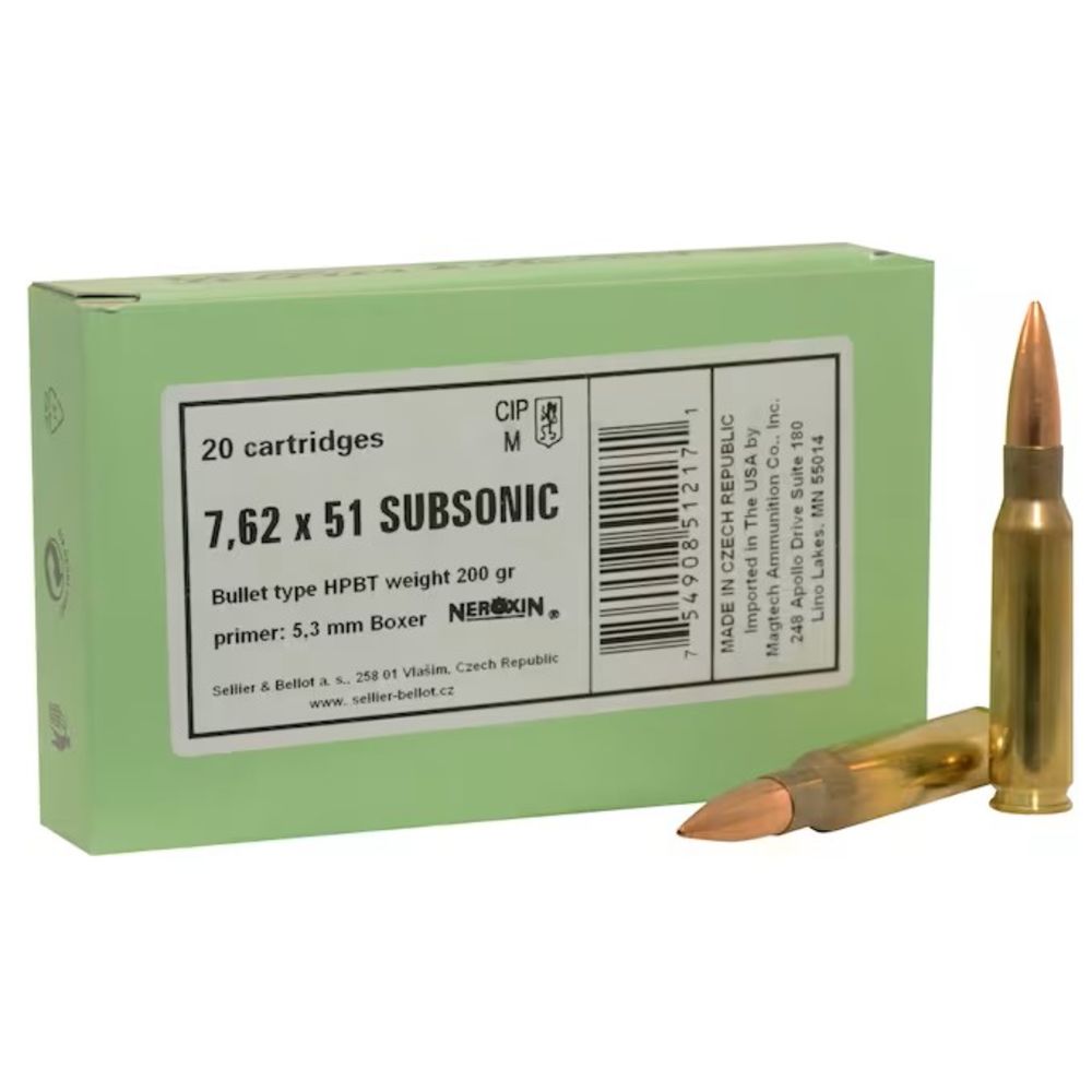 Sellier and Bellot .308 Win / 7.62x51mm Rifle Ammo Match Hollow Point Boat Tail Subsonic BTHP 200 grain 