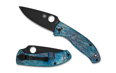 Spyderco Tenacious D-2 Steel Folding Knife 3.35" Drop Point Blade Black Oxide R.I.L. Lock Blue Titanium Disarray Handle C122TIBLBKD2P