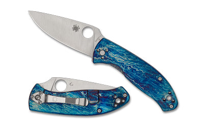 Spyderco Tenacious D-2 Steel Folding Knife 3.35" Drop Point Blade Satin Finish R.I.L. Lock Blue Titanium Disarray Handle C122TIBLD2P