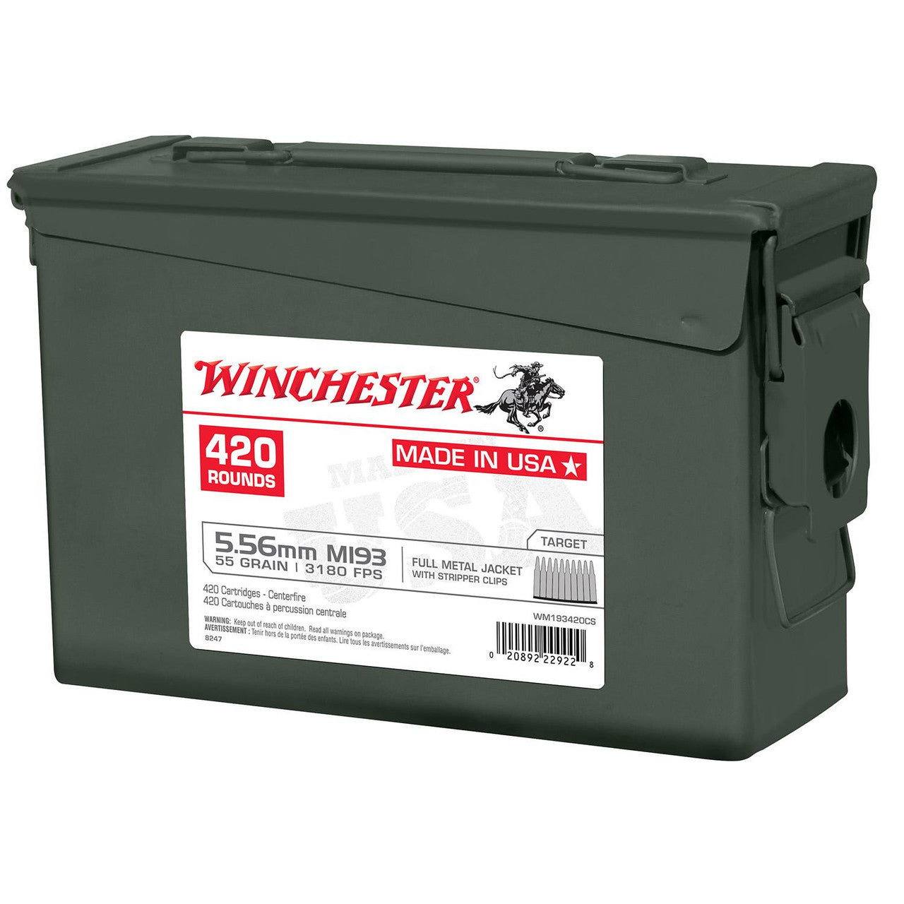 Winchester 5.56x45mm NATO WM193420CS Lake City M193 Full Metal Jacket FMJ 55 Grain