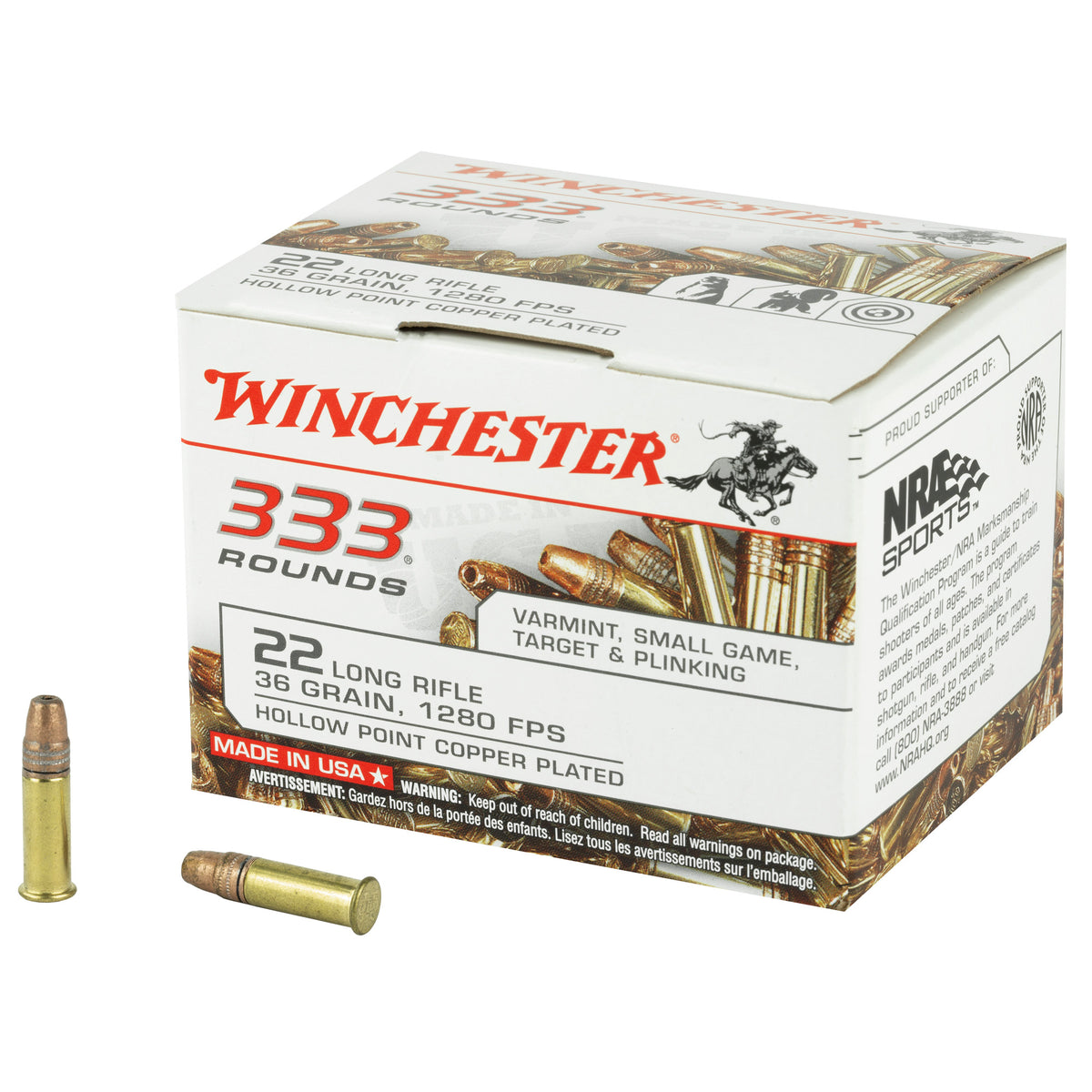 Winchester .22 Long Rifle Rimefire Ammo USA 333 Copper Plated Hollow Point JHP 36 grain 