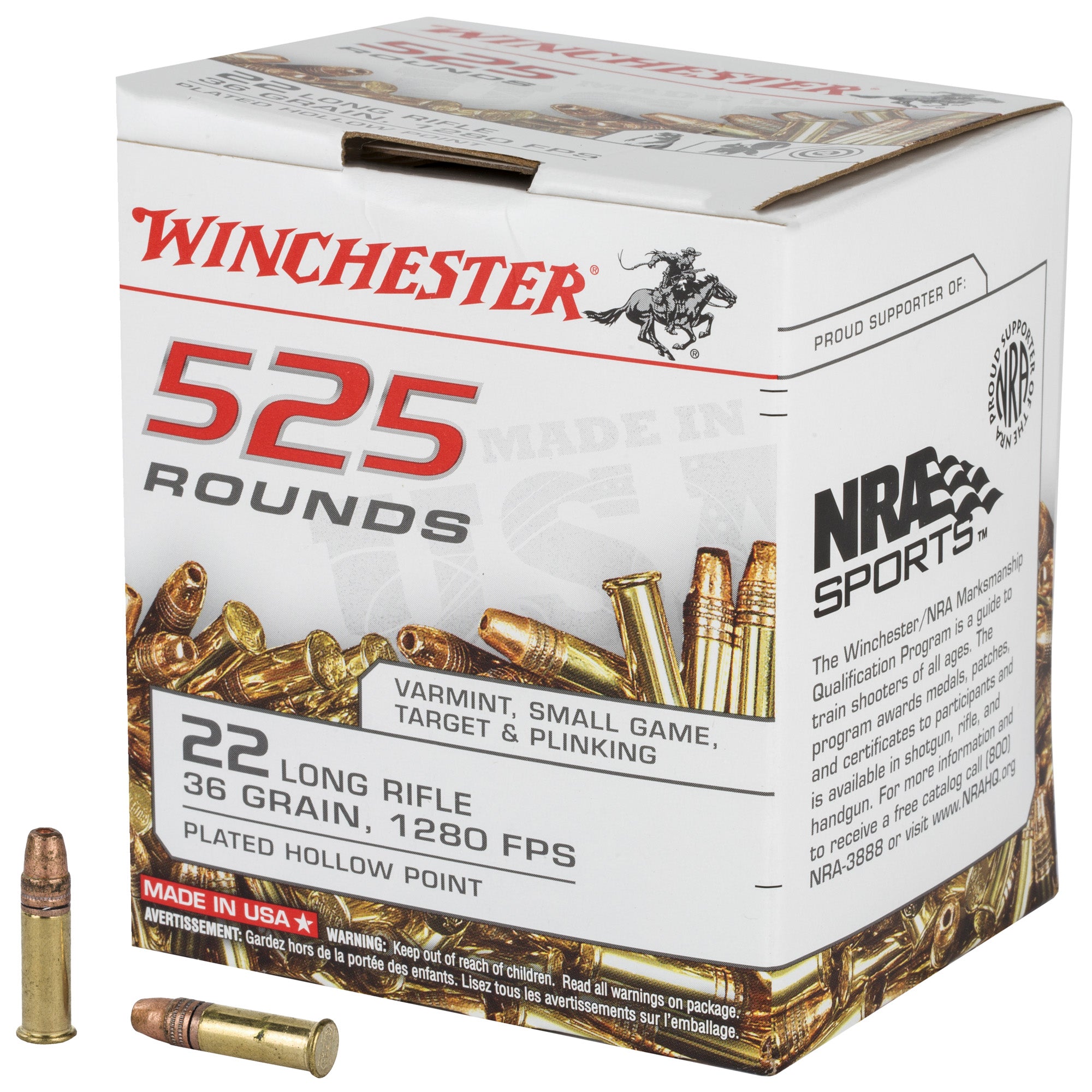 Winchester .22 Long Rifle Rimefire Ammo USA 525 Copper Plated Hollow Point JHP 36 grain 