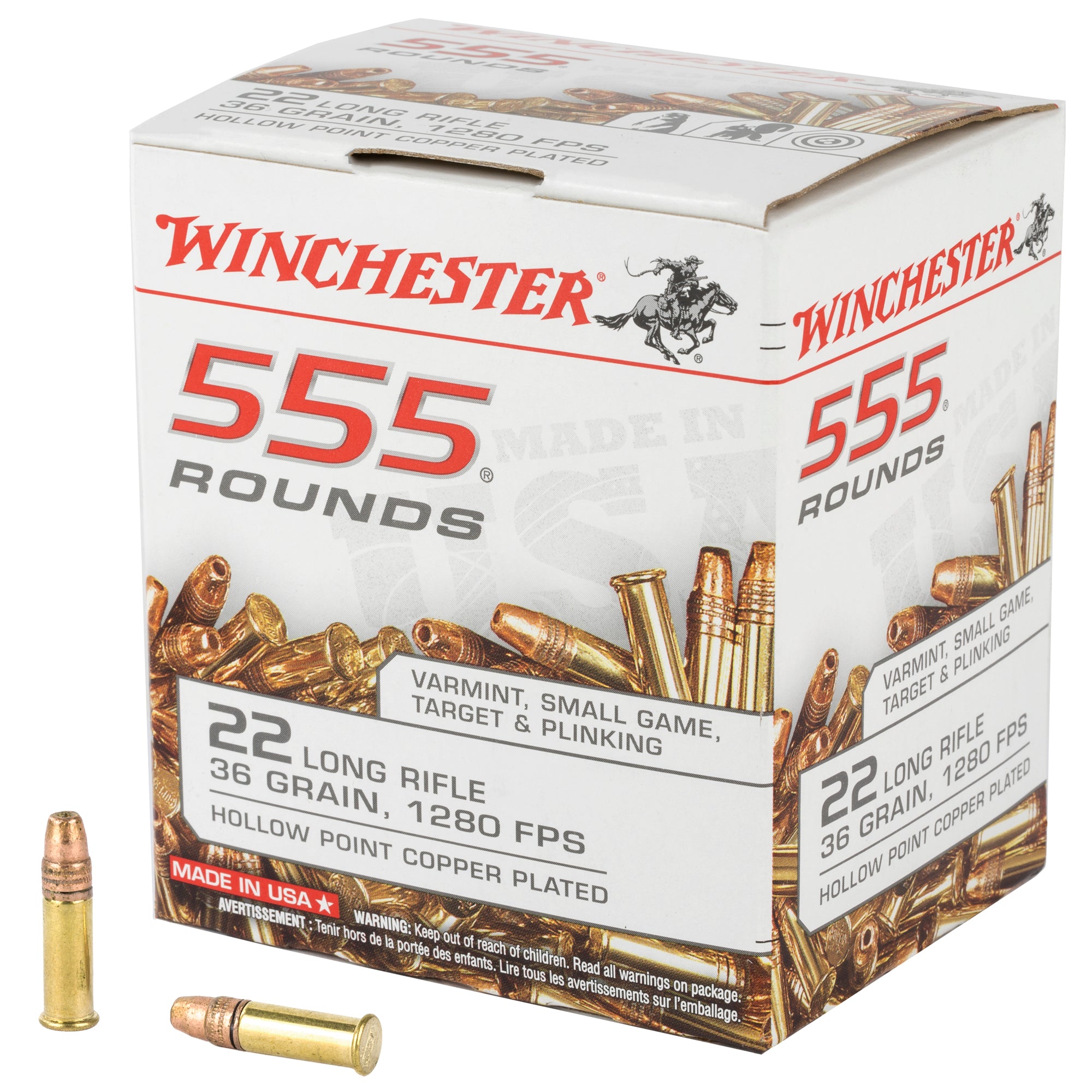 Winchester .22 Long Rifle Rimefire Ammo USA 555 Copper Plated Hollow Point JHP 36 grain 