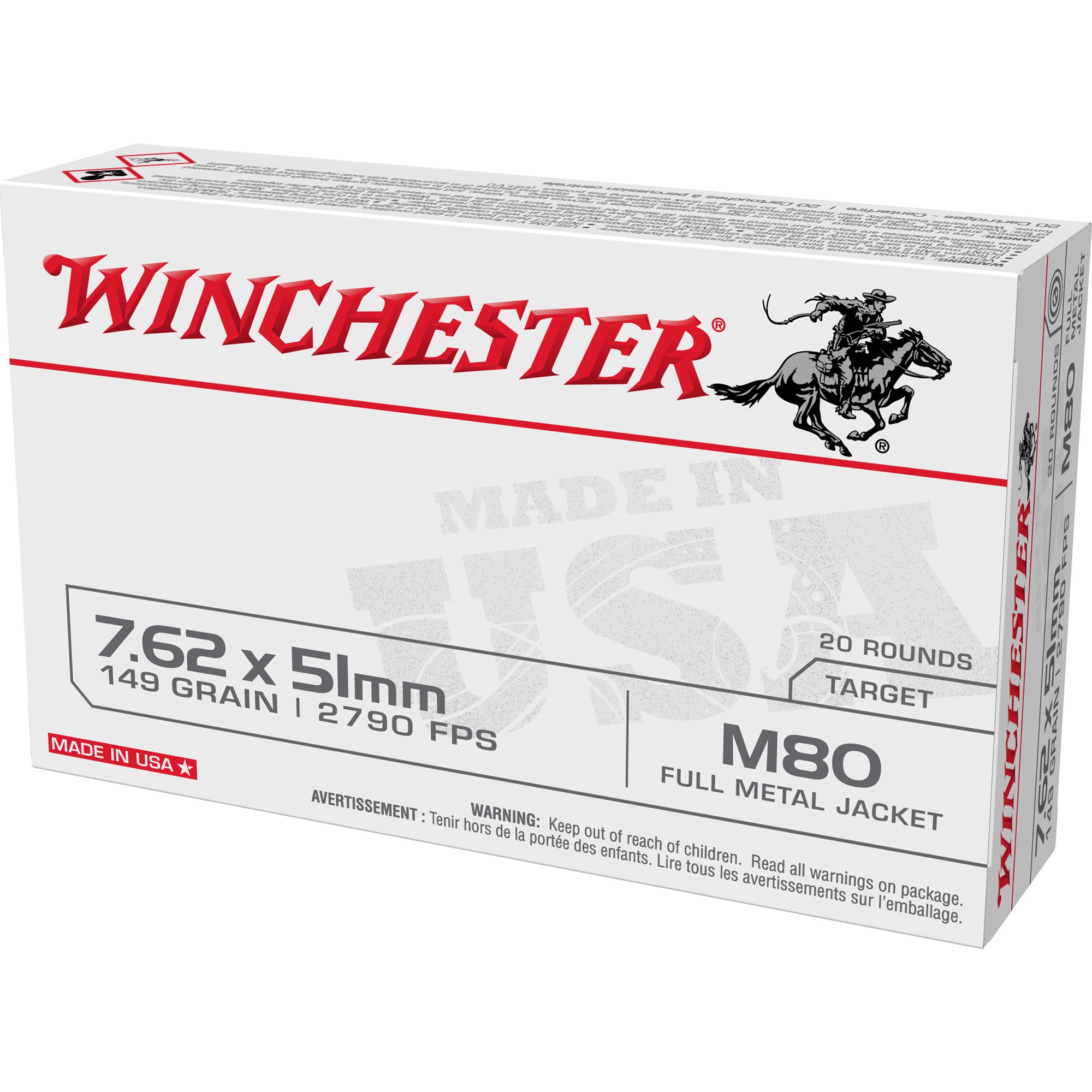 Winchester .308 Win / 7.62x51mm WM80 M80 M80 Full Metal Jacket Lead Core 149 Grain