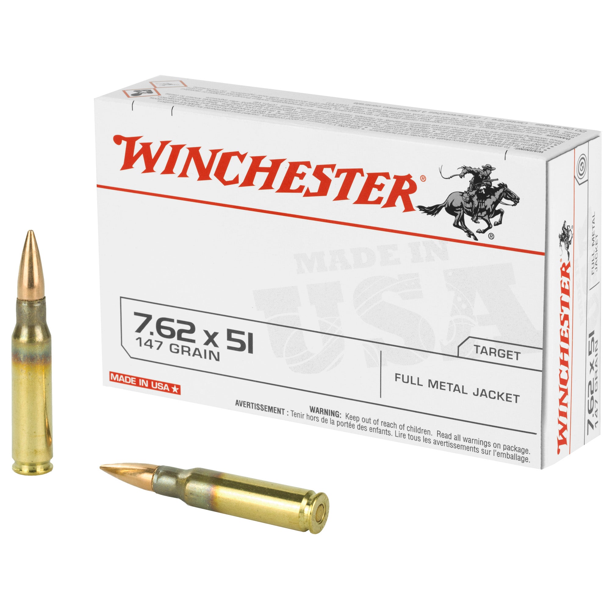 Winchester .308 Win / 7.62x51mm Rifle Ammo USA Full Metal Jacket FMJ 147 grain 