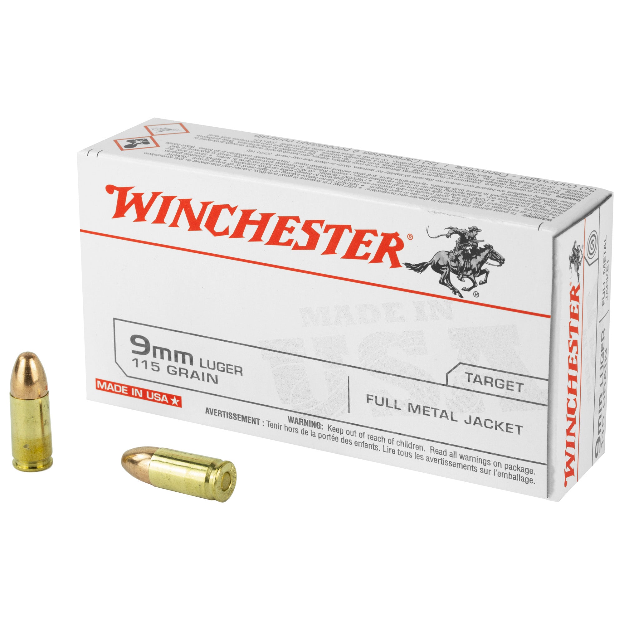 Winchester 9mm Luger / Parabellum Handgun Ammo USA Full Metal Jacket FMJ 115 grain 