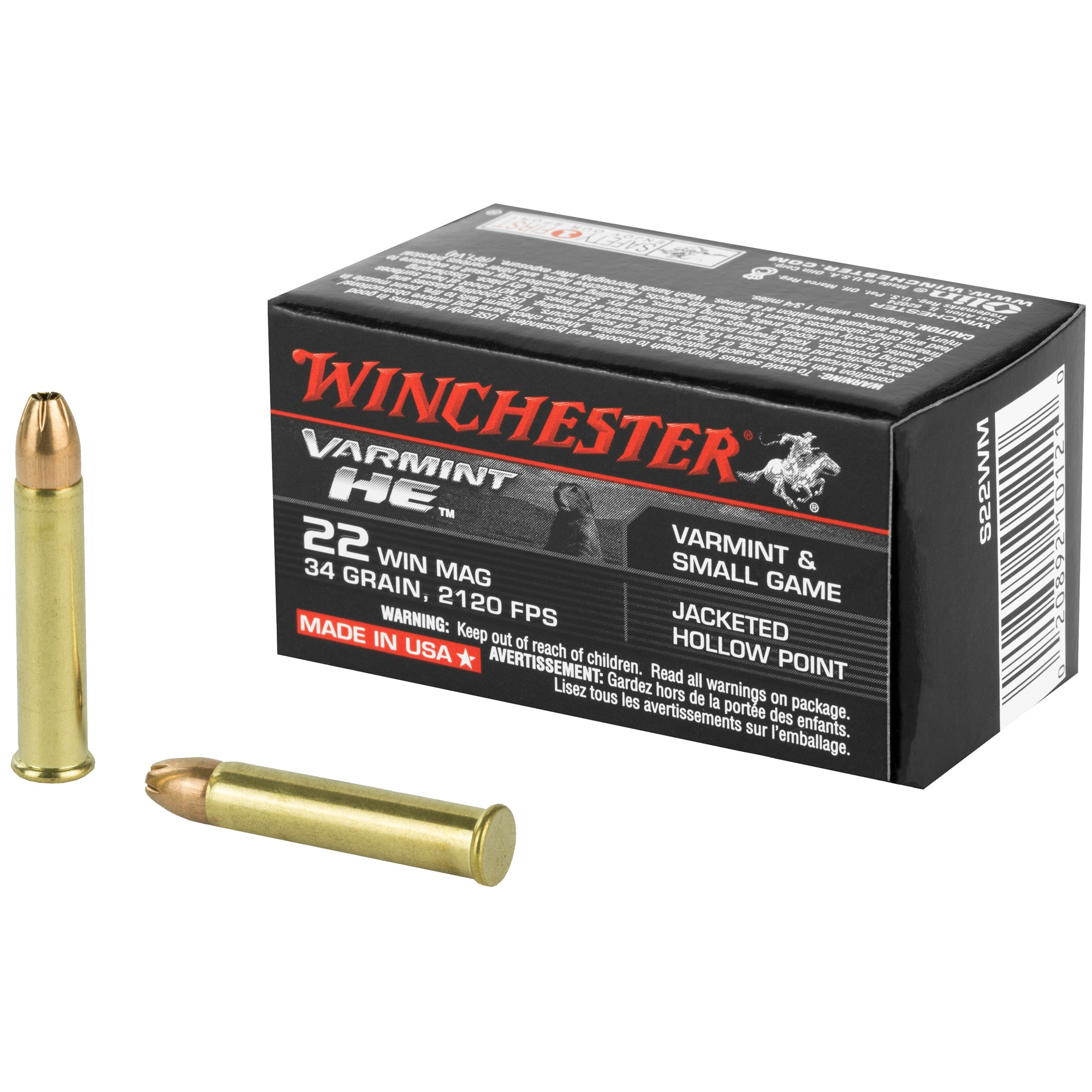 Winchester .22 Magnum / WMR Rimefire Ammo VARMINT HE Jacketed Hollow Point JHP 34 grain 