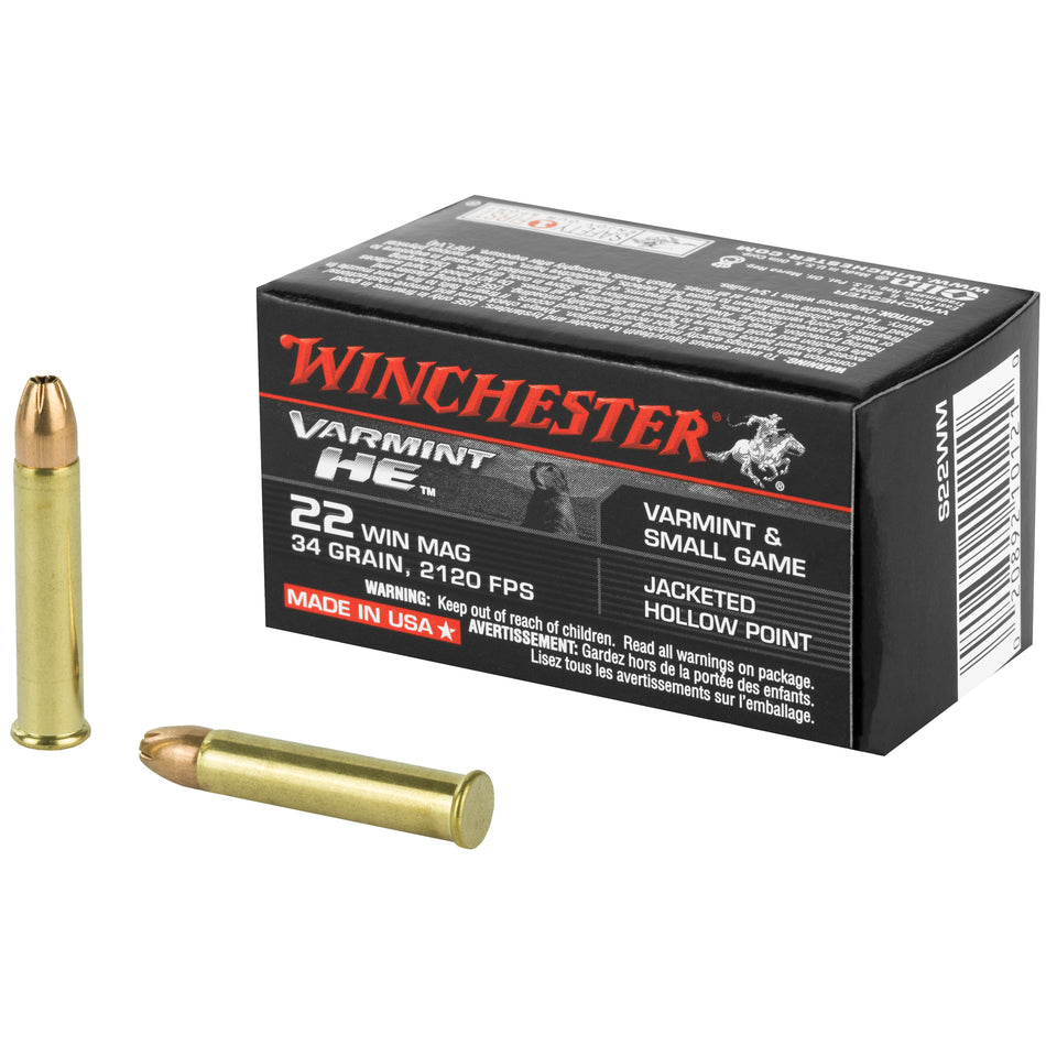 Winchester .22 Magnum / WMR Rimefire Ammo VARMINT HE Jacketed Hollow Point JHP 34 grain 